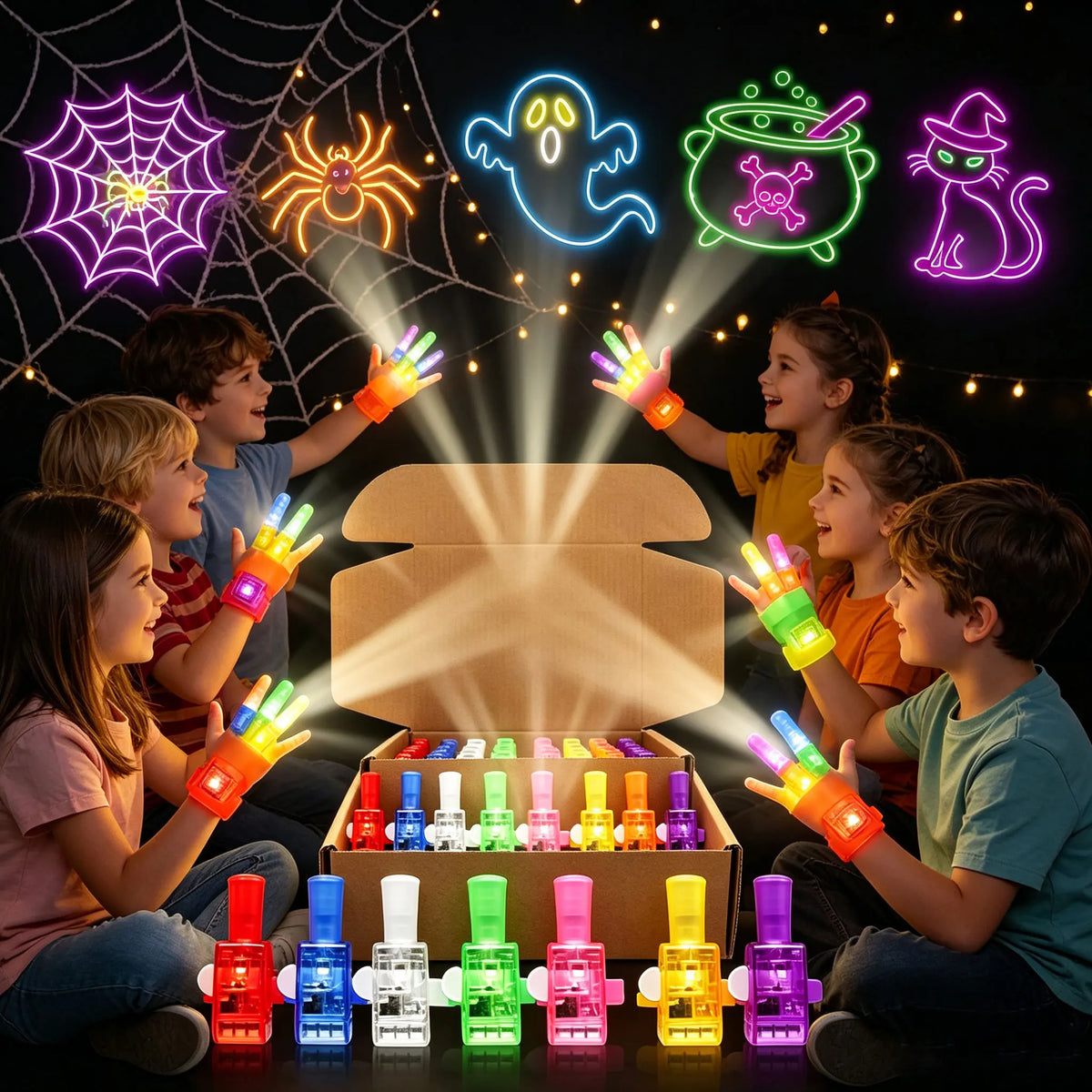 40/100PCS Halloween LED Light up Finger Lights Projection Glow Finger Rings Glow in the Dark Trick‑Or‑Treat Party Decor