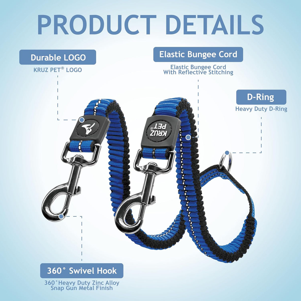 Kruz Double Dog Leash for Two Dogs (Width - 5/8”, Length 14”-27”) Dual Leash Coupler with Tangle-Free Swivel, Shock-Absorbing Reflective Bungee for Comfortable Walking & Training (Blue, Small)